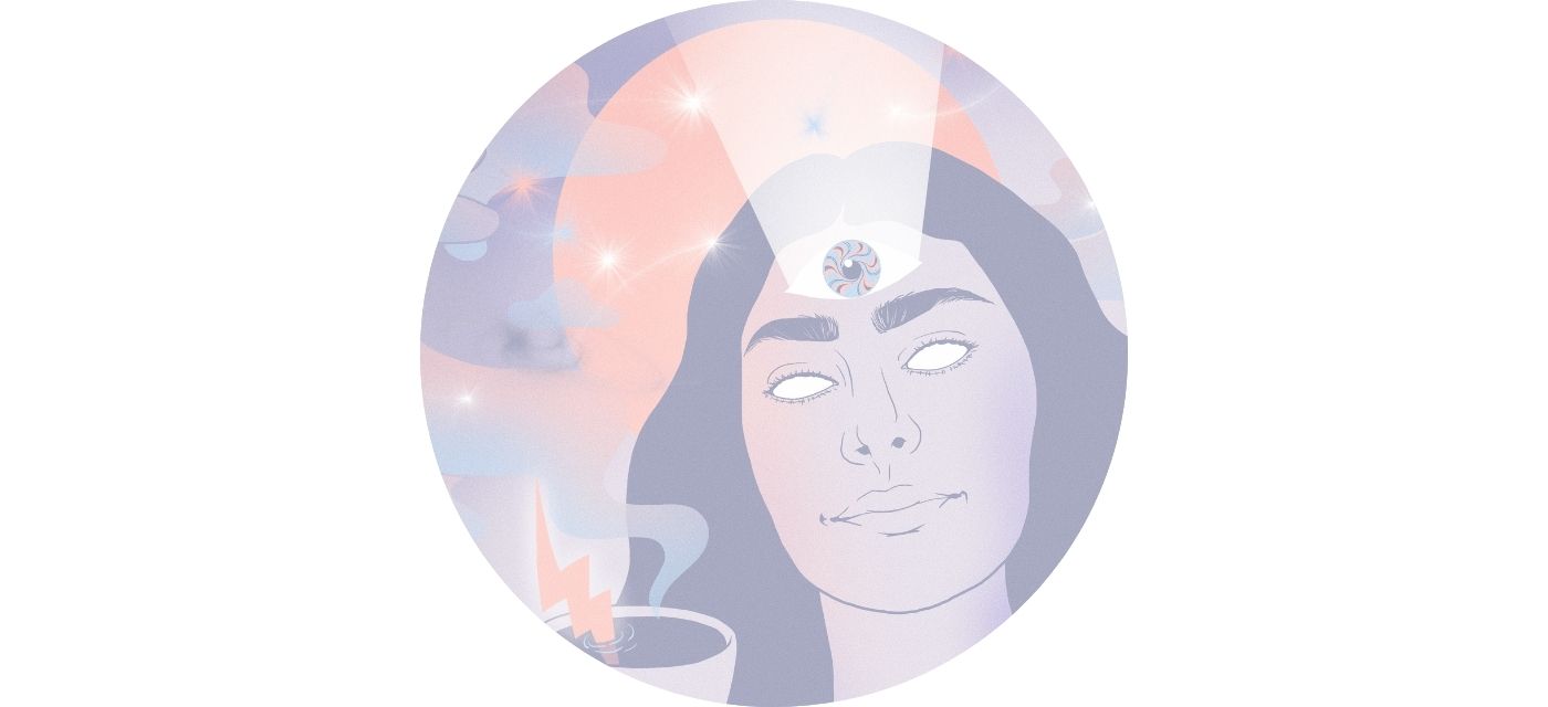 circle frame with picture of lilac woman with long purple hair and a glowing third eye and a steaming cup of tea with a lightning rod the cup